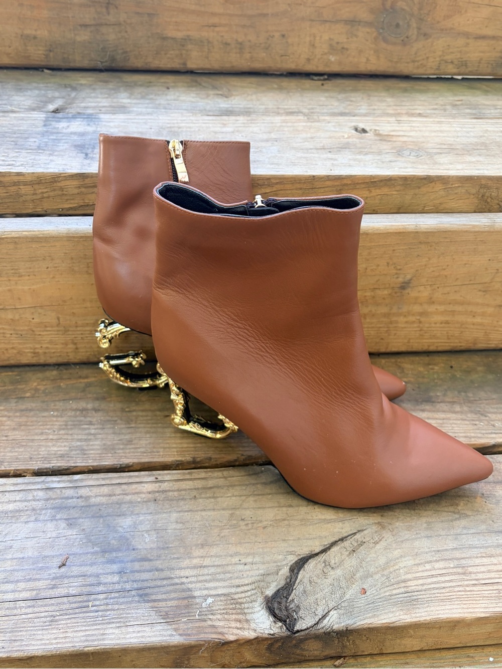 Dolce & Gabbana Tan Leather Pointed-Toe Ankle Boots with Gold Sculpted Heel